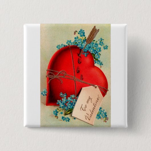 ヴィンテージ大赤出血ハートバレンタインポストカード 缶バッジ (正面)