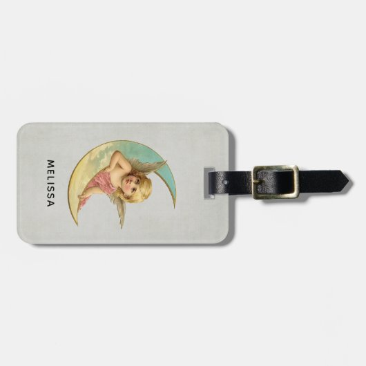 ヴィンテージ天使が三日月の上に座っている ラゲッジタグ (正面横)