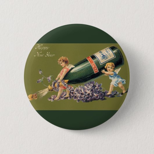 ヴィンテージ天使とシャンパン、新年おめでとう 缶バッジ (正面)