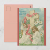ヴィンテージ天使と十字架ピンクの花イースター ポストカード (正面/裏面)