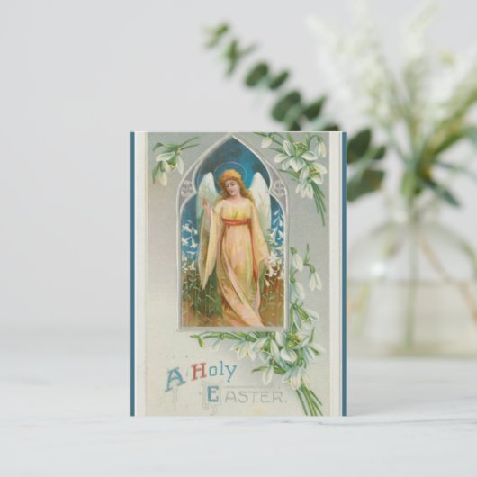 ヴィンテージ天使と白い花イースター ポストカード (スタンド正面)