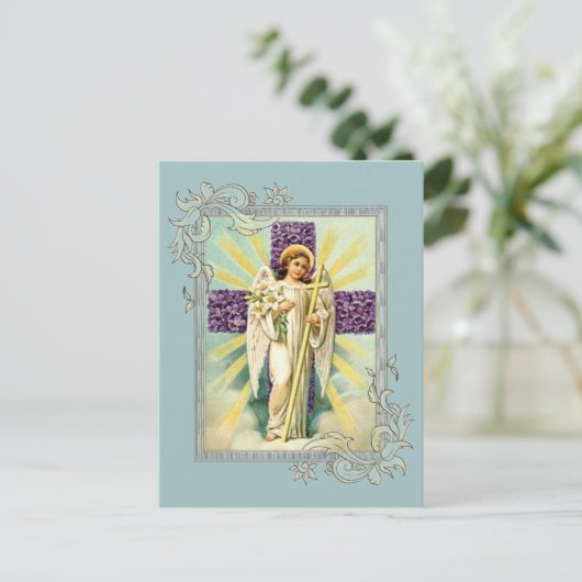 ヴィンテージ天使と紫の十字架 ポストカード (スタンド正面)