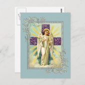 ヴィンテージ天使と紫の十字架 ポストカード (正面/裏面)