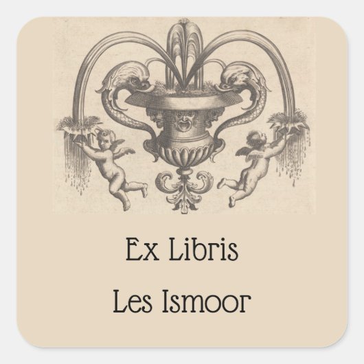 ヴィンテージ天使と魚の泉蔵書票 スクエアシール (正面)