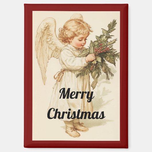 ヴィンテージ天使のクリスマスマグネット（ヒイラギ付き） マグネット (正面)