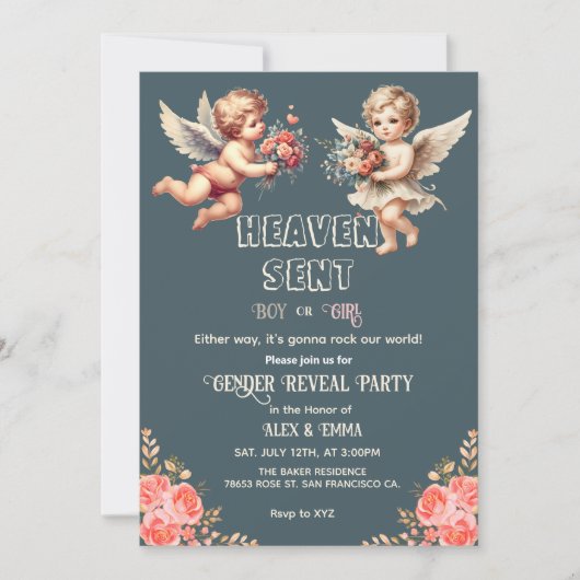 ヴィンテージ天使の性別発表カード 招待状 (正面)