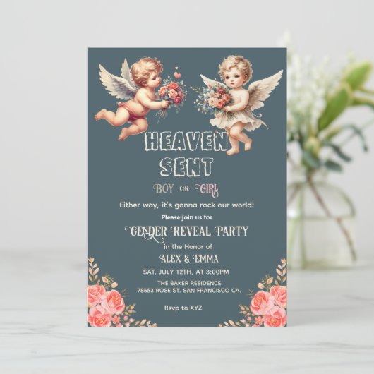 ヴィンテージ天使の性別発表カード 招待状 (スタンド正面)