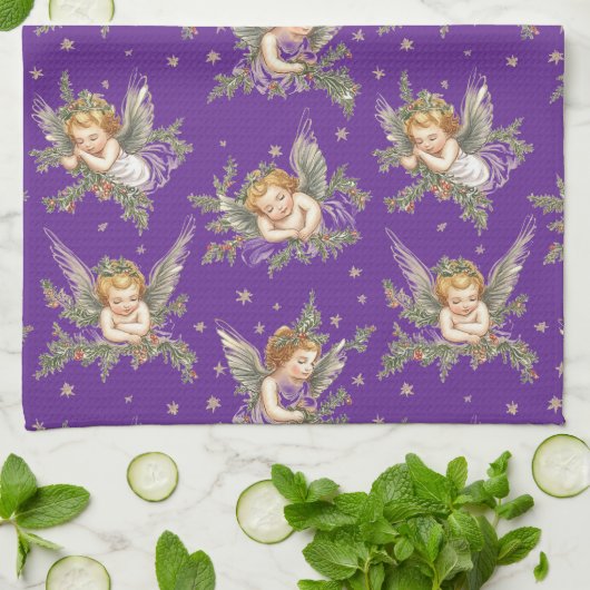 ヴィンテージ天使の紫の模様 キッチンタオル (折り畳み)