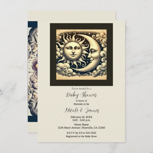 ヴィンテージ天日月の赤ちゃんシャワー 招待状 (正面/裏面)
