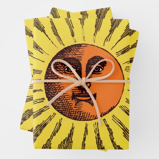 ヴィンテージ天黄色の笑顔ハッピーヒッピー太陽 ラッピングペーパーシート (インサイチュ)