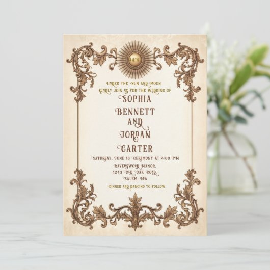 ヴィンテージ太陽をテーマにした結婚式招待状 招待状 (スタンド正面)