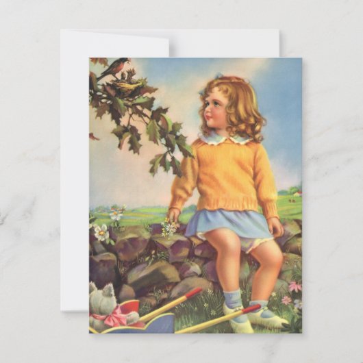 ヴィンテージ女の子が木の中で鳥を見て，春 (正面)