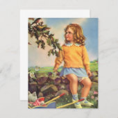 ヴィンテージ女の子が木の中で鳥を見て，春 (正面/裏面)