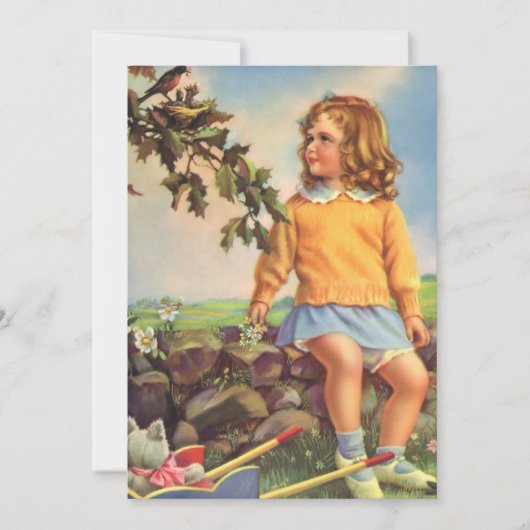 ヴィンテージ女の子が木の中で鳥を見て,春 (正面)