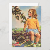 ヴィンテージ女の子が木の中で鳥を見て,春 (正面/裏面)