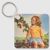 ヴィンテージ女の子が木の中で鳥を見て,春 キーホルダー (正面)