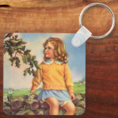 ヴィンテージ女の子が木の中で鳥を見て,春 キーホルダー (裏面)