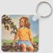 ヴィンテージ女の子が木の中で鳥を見て,春 キーホルダー (裏面)
