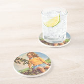 ヴィンテージ女の子が木の中で鳥を見て，春 コースター (側面)