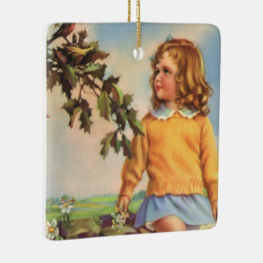 ヴィンテージ女の子が木の中で鳥を見て，春 セラミックオーナメント (右)
