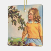 ヴィンテージ女の子が木の中で鳥を見て，春 セラミックオーナメント (左)