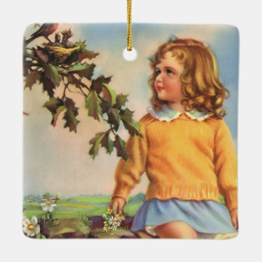 ヴィンテージ女の子が木の中で鳥を見て，春 セラミックオーナメント (裏面)