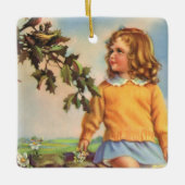 ヴィンテージ女の子が木の中で鳥を見て，春 セラミックオーナメント (正面)