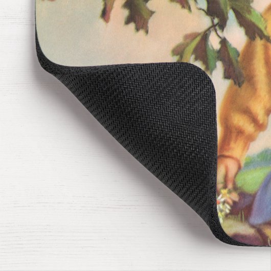 ヴィンテージ女の子が木の中で鳥を見て，春 マウスパッド (コーナー)