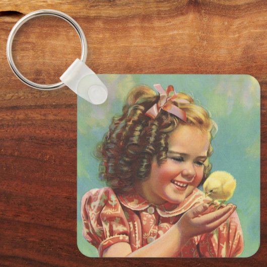 ヴィンテージ女の子とベビーシック、幸せな子供の笑顔 キーホルダー (正面)