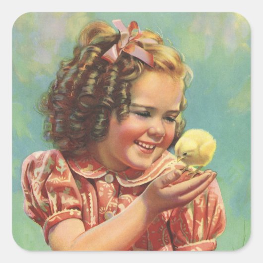 ヴィンテージ女の子とベビーシック、幸せな子供の笑顔 スクエアシール (正面)