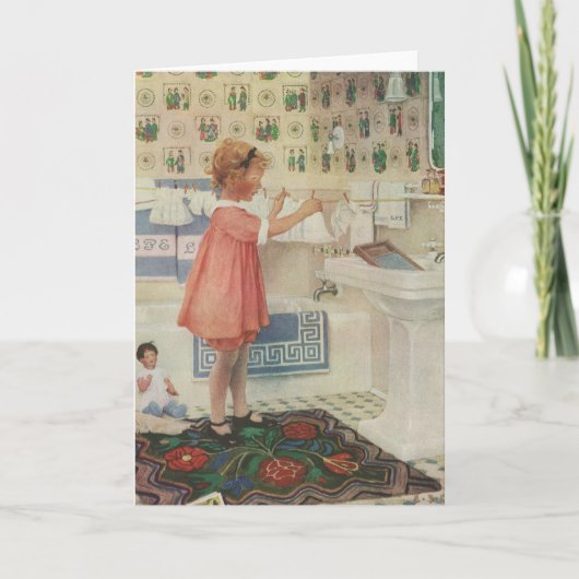 ヴィンテージ女の子、洗濯ぶら下がったをする子 カード (正面)