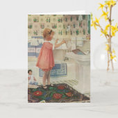 ヴィンテージ女の子、洗濯ぶら下がったをする子 カード (黄色い花)