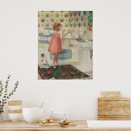 ヴィンテージ女の子、洗濯ぶら下がったをする子 ポスター (キッチン)