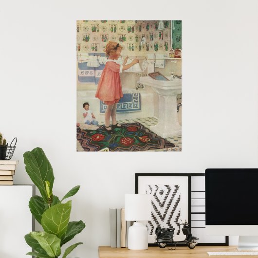 ヴィンテージ女の子、洗濯ぶら下がったをする子 ポスター (ホームオフィス)