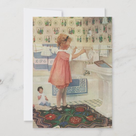 ヴィンテージ女の子、洗濯ぶら下がったをする子 招待状 (正面)