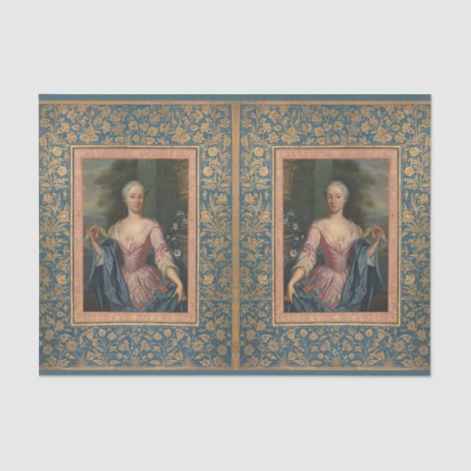 ヴィンテージ女エレガント性フローラブルー金ゴールドデコパージュ 薄葉紙 (正面)