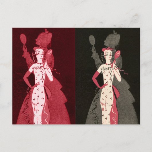 ヴィンテージ女ファッショニスタ黒ピンクドレスグラフィック ポストカード (正面)