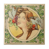 ヴィンテージ女フランスの性アールヌーボー陶器 タイル (正面)