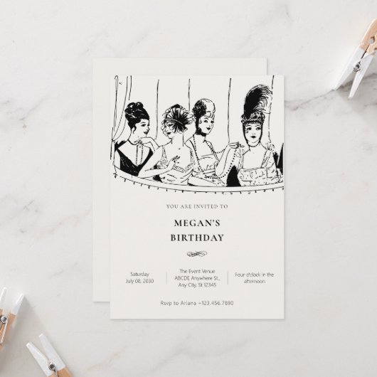 ヴィンテージ女子エレガント誕生日 招待状 (正面/裏面インサイチュ)