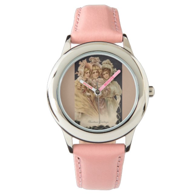 ヴィンテージ女子ビクトリアンクリスマスピンクの子供時計 腕時計 (正面)