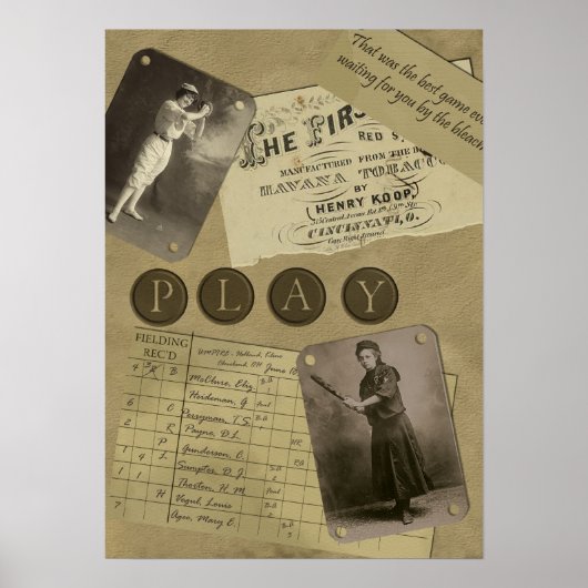 ヴィンテージ女子野球スクラップブックプリント ポスター (正面)