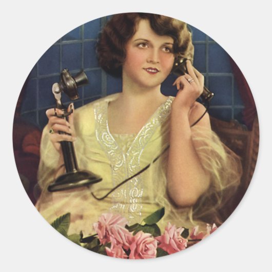 ヴィンテージ女性が電話で話すバラ花 ラウンドシール (正面)