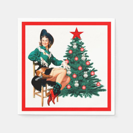 ヴィンテージ女性のカーボーイとクリスマスツリーの白 スタンダードカクテルナプキン (正面)
