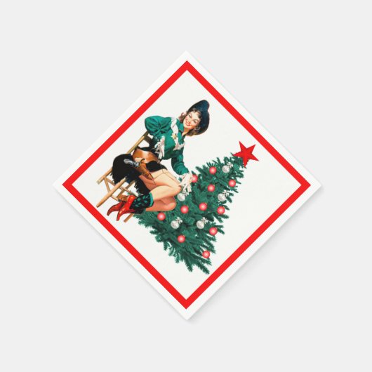 ヴィンテージ女性のカーボーイとクリスマスツリーの白 スタンダードカクテルナプキン (角)