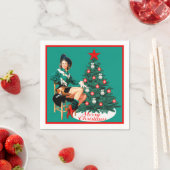 ヴィンテージ女性のカーボーイとクリスマスツリーメリークリスマ スタンダードカクテルナプキン (インサイチュ)