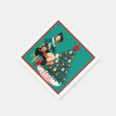 ヴィンテージ女性のカーボーイとクリスマスツリーメリークリスマ スタンダードカクテルナプキン (角)