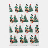 ヴィンテージ女性のカーボーイとクリスマスツリー キッチンタオル (縦)