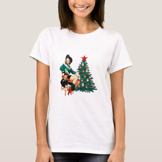 ヴィンテージ女性のカーボーイとクリスマスツリー Tシャツ (正面)