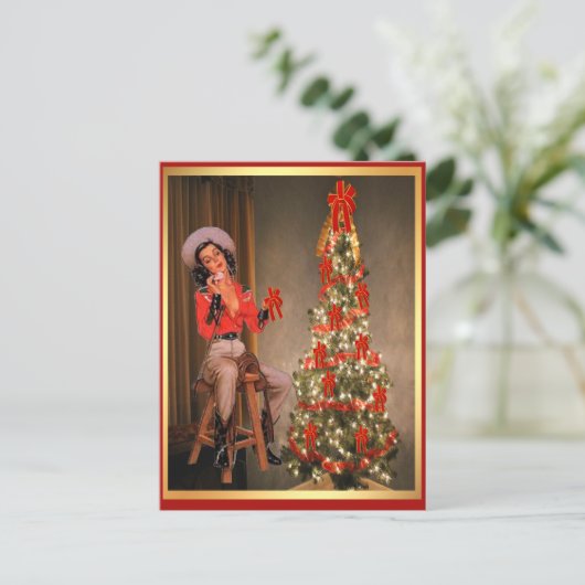 ヴィンテージ女性のカーボーイオンサドルとクリスマスツリー穴 シーズンポストカード (スタンド正面)