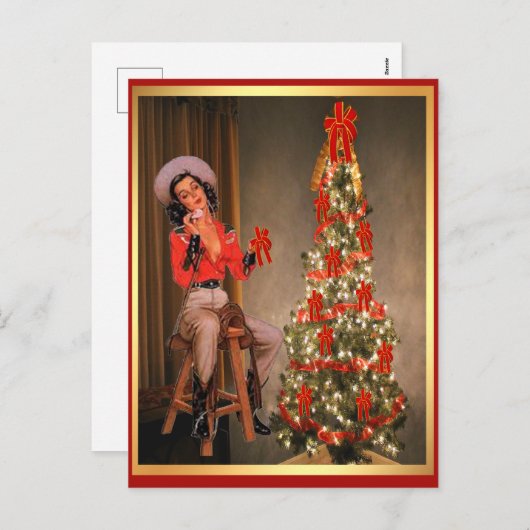 ヴィンテージ女性のカーボーイオンサドルとクリスマスツリー穴 シーズンポストカード (正面/裏面)